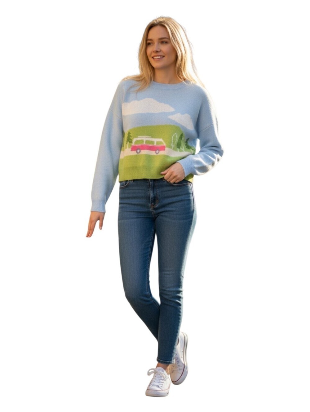 Luna Ivy Womens Happy Camper Van Life Scenic Knit Crewneck Sweater Small